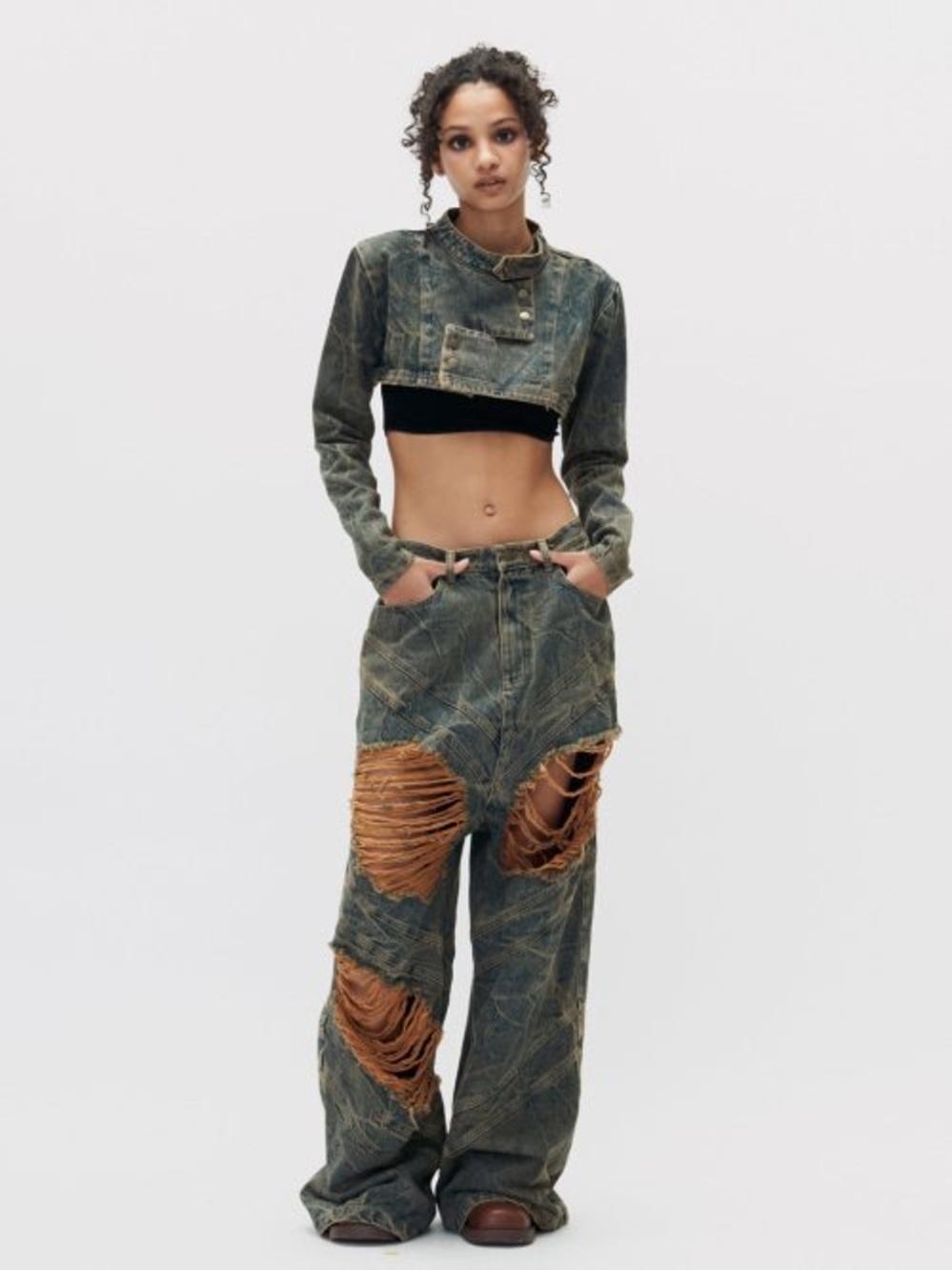 SET SET SET Wide Leg Distressed Jeans in Olive Green